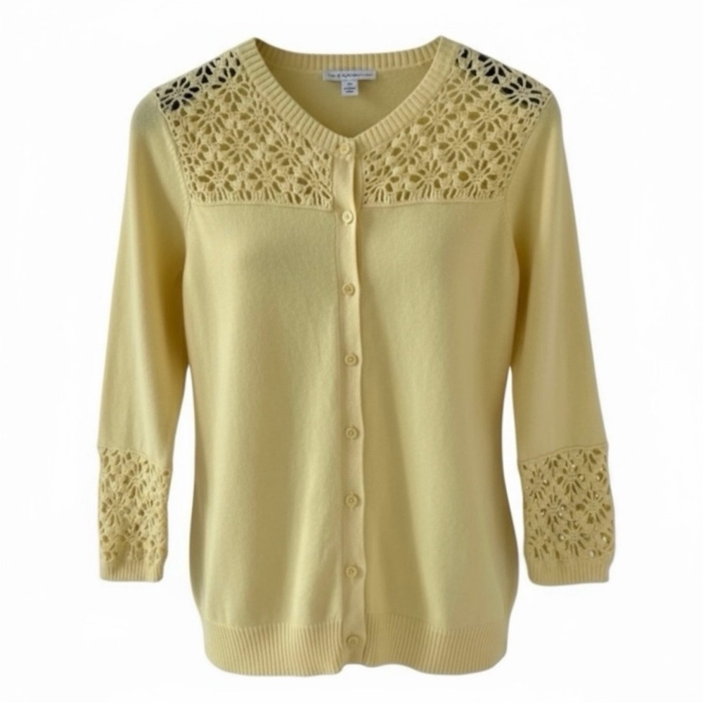 Isaac Mizrahi Live Yellow Button Down 3/4 Sleeve Cardigan with Crochet Detail XS